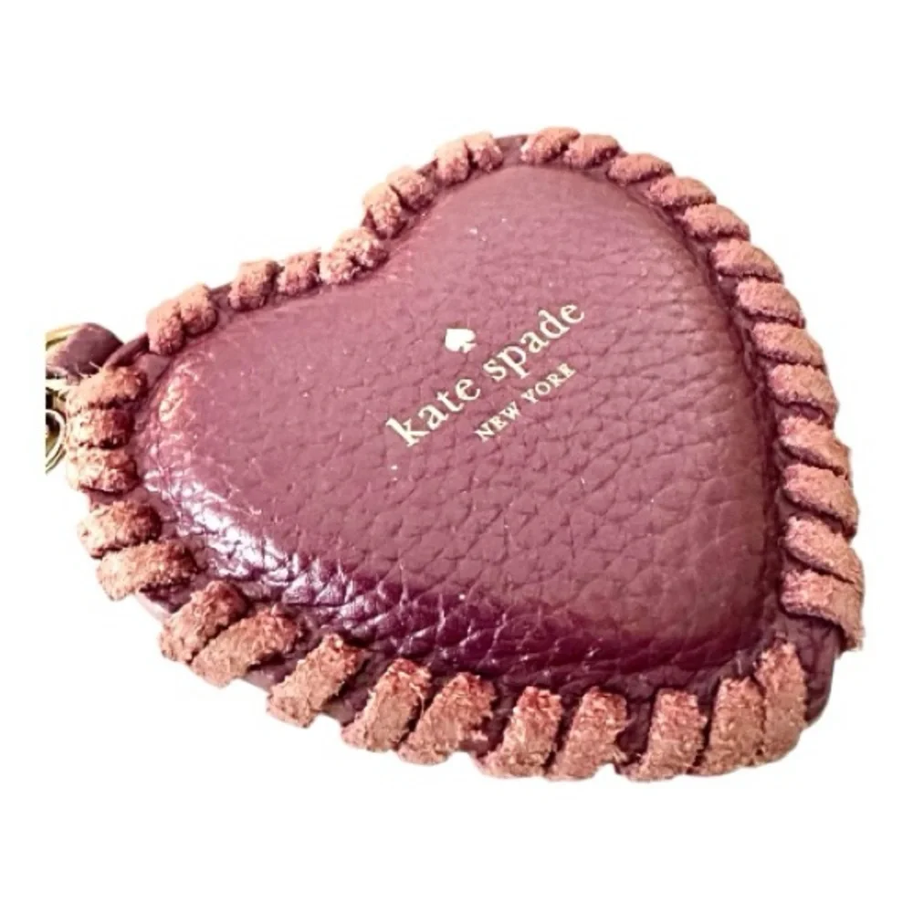 Kate Spade Burgundy Leather Heart Keychain & Bag Charm Accessory W/ Cross Stitch